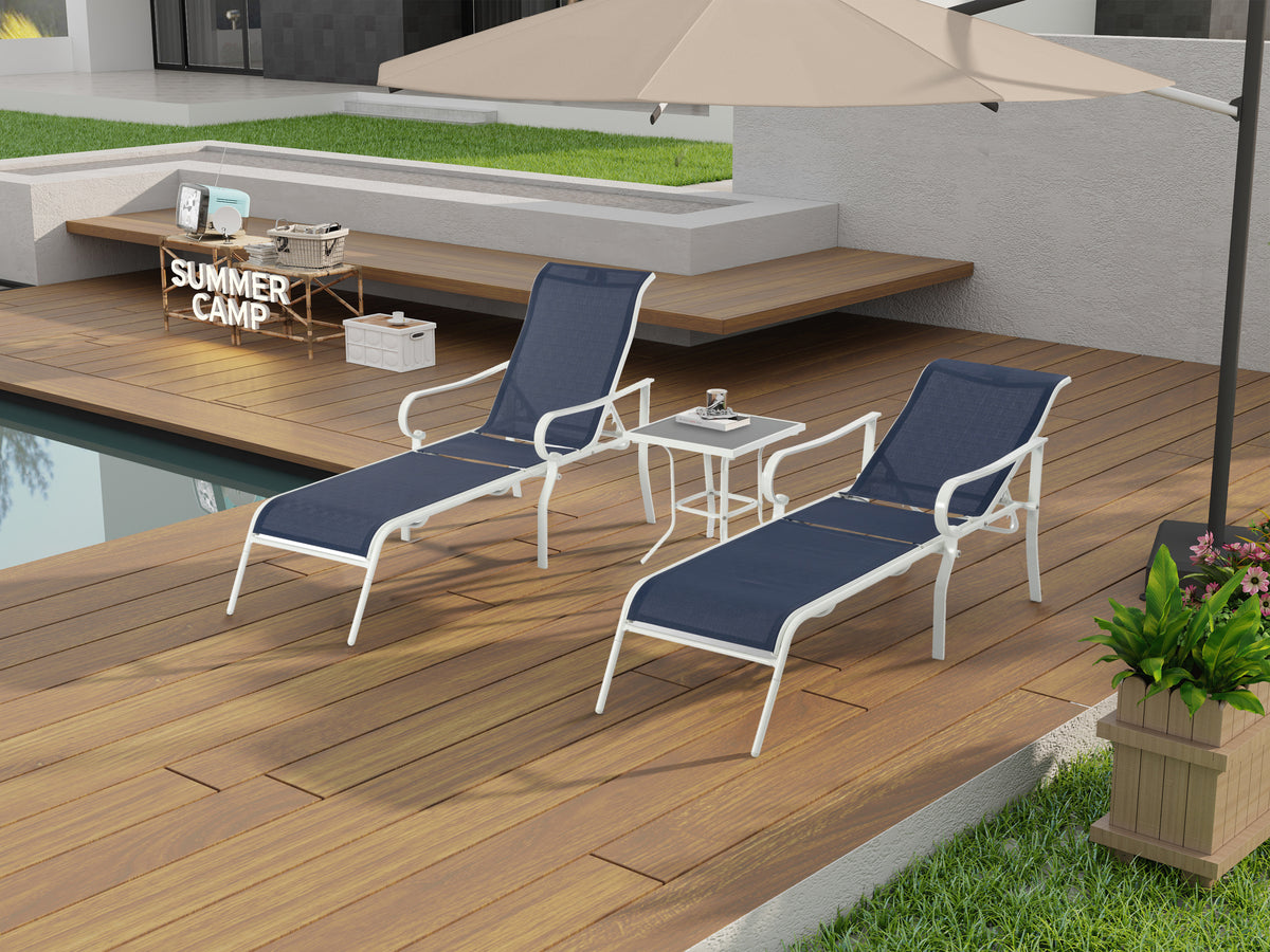 3 Pack Patio Lounge Chair, Outdoor Chaise Lounge With 5 Adjustable Backrest, Sturdy Steel Frame, Sunbathing Recliner, Beach Chair, Tanning Chair For Outside, Yard, Balcony, Pool Chairs,White Blue