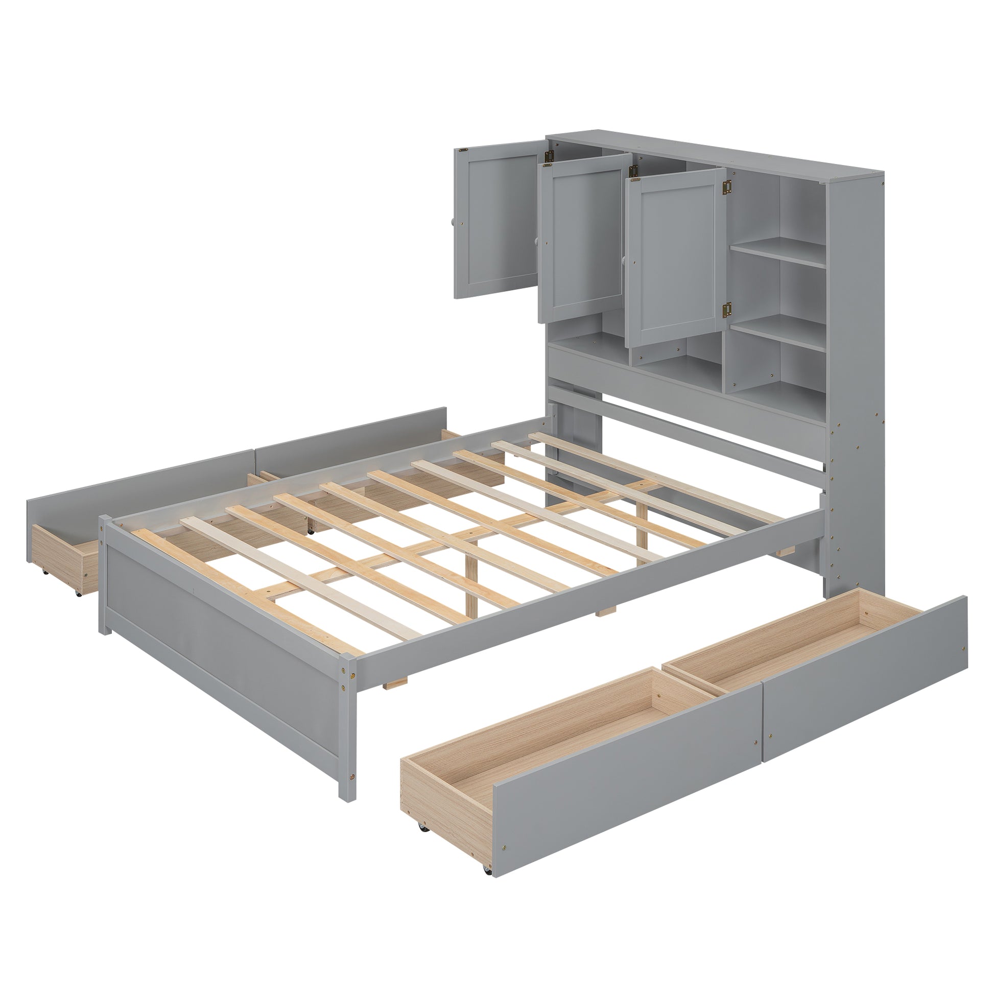 Full Size Platform Bed With Storage Headboard And 4 Drawers, Gray Box Spring Not Required Full Gray Wood Bedroom Bed Frame Solid Wood Mdf