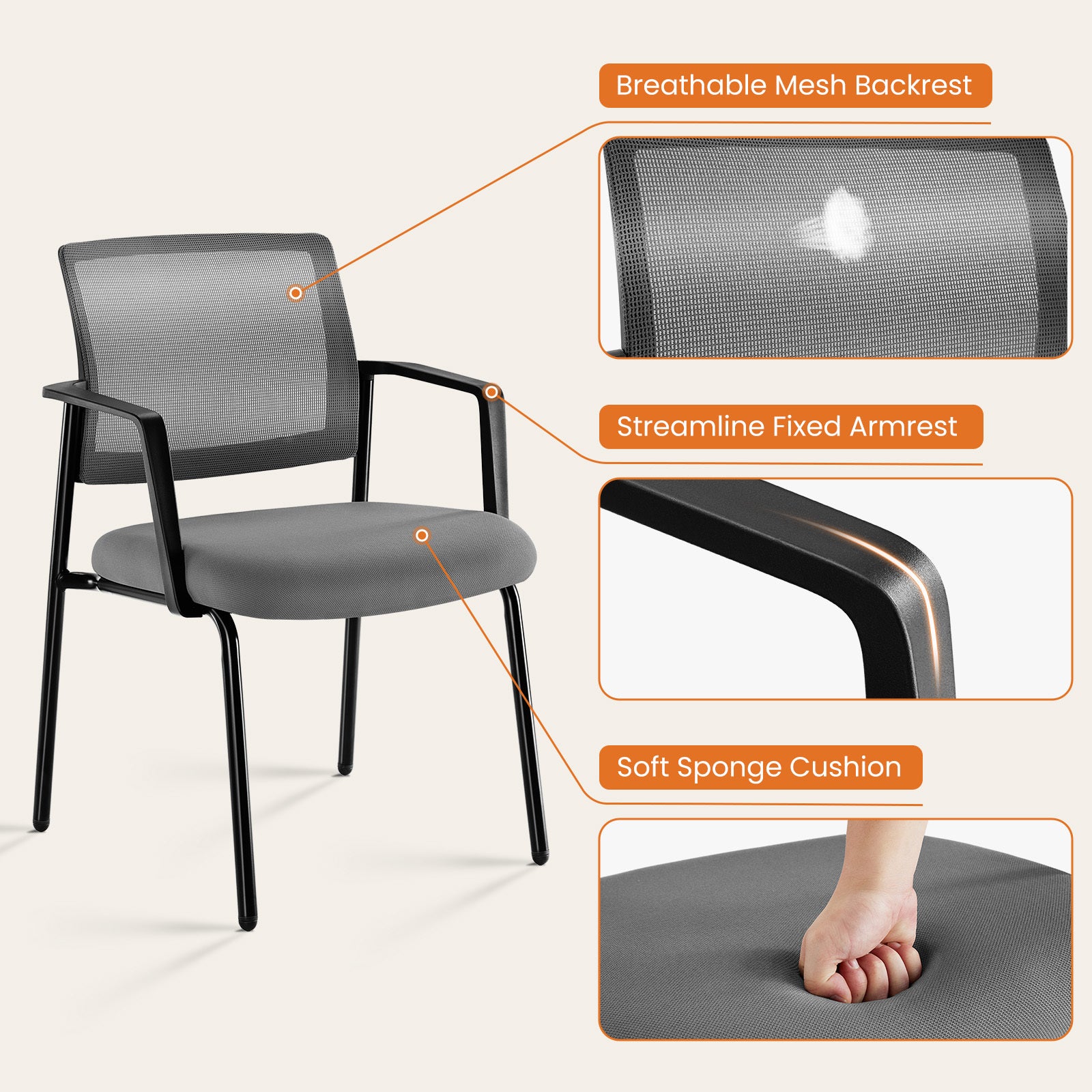 Mesh Back Stacking Arm Chairsupholstered Fabric Stacking Chairs, Sturdy Metal Stacking Chairs,Gray, 2 Pack Gray Abs