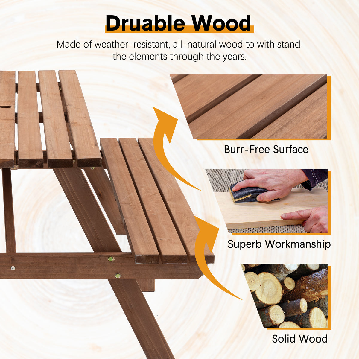 8 Person Brown Wooden Picnic Table, Outdoor Camping Dining Table With 2 Seats, Garden, Diy With 2 Built In Benches, 2220Lb Capacity Brown Wood