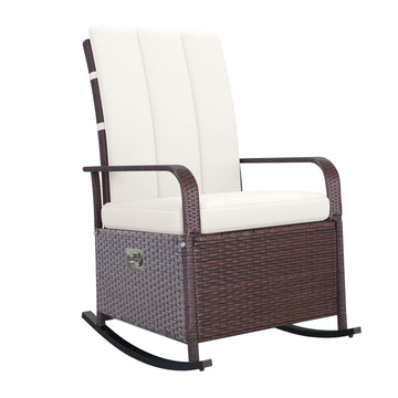 Outsunny Wicker Outdoor Rocking Chair, Patio Recliner With Adjustment Backrest, Pe Rattan Lounge Chair With Adjustable Footrest And Cushions For Garden, Backyard, Porch, Beige Brown Steel