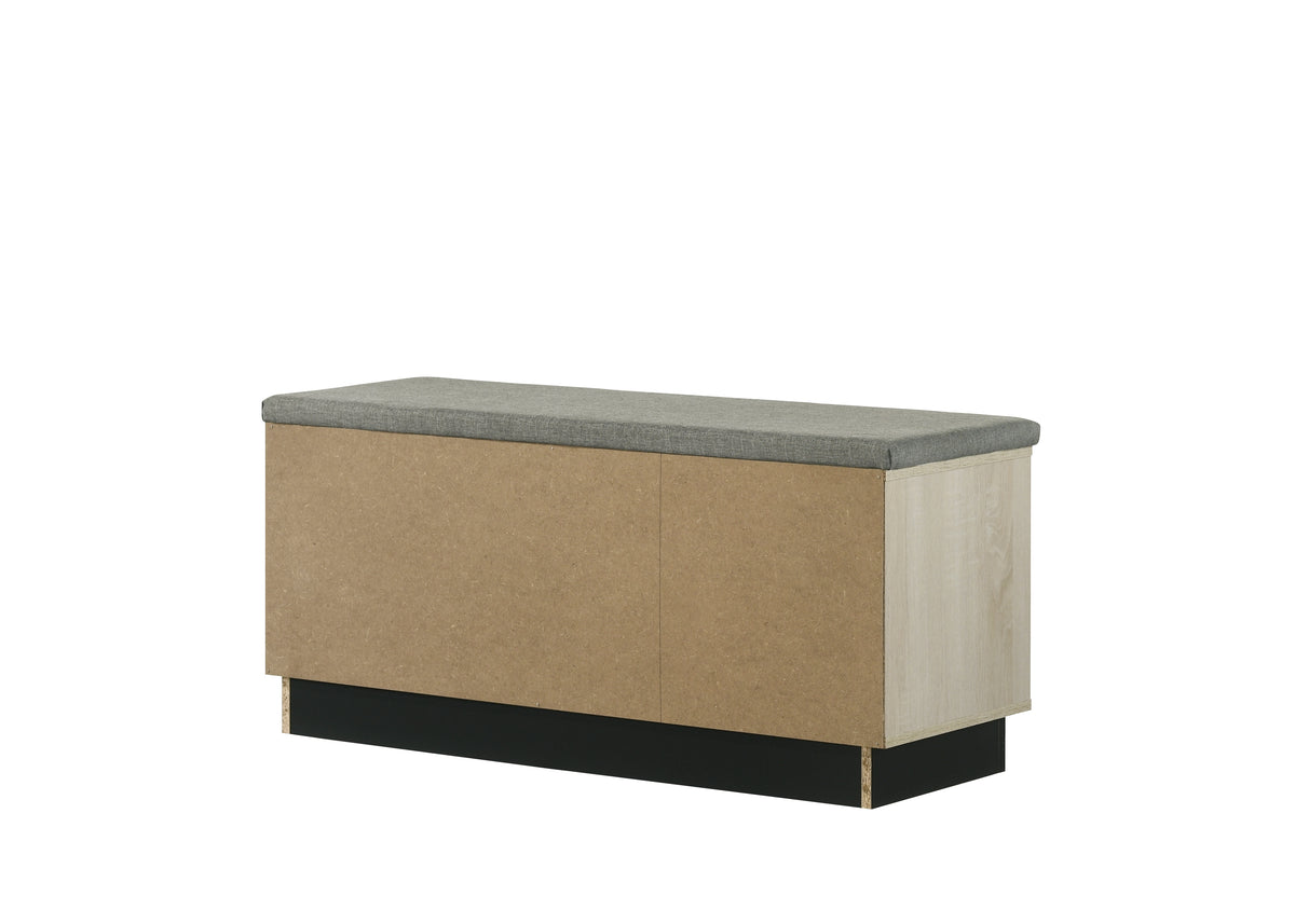 Brett 38.5"W Oak Finish Shoe Cabinet With Sliding Doors, Upholstered Top Oak Engineered Wood