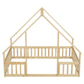 Full Wood House Shaped Floor Bed With Fence, Guardrails,Natural Full Natural American Design Pine