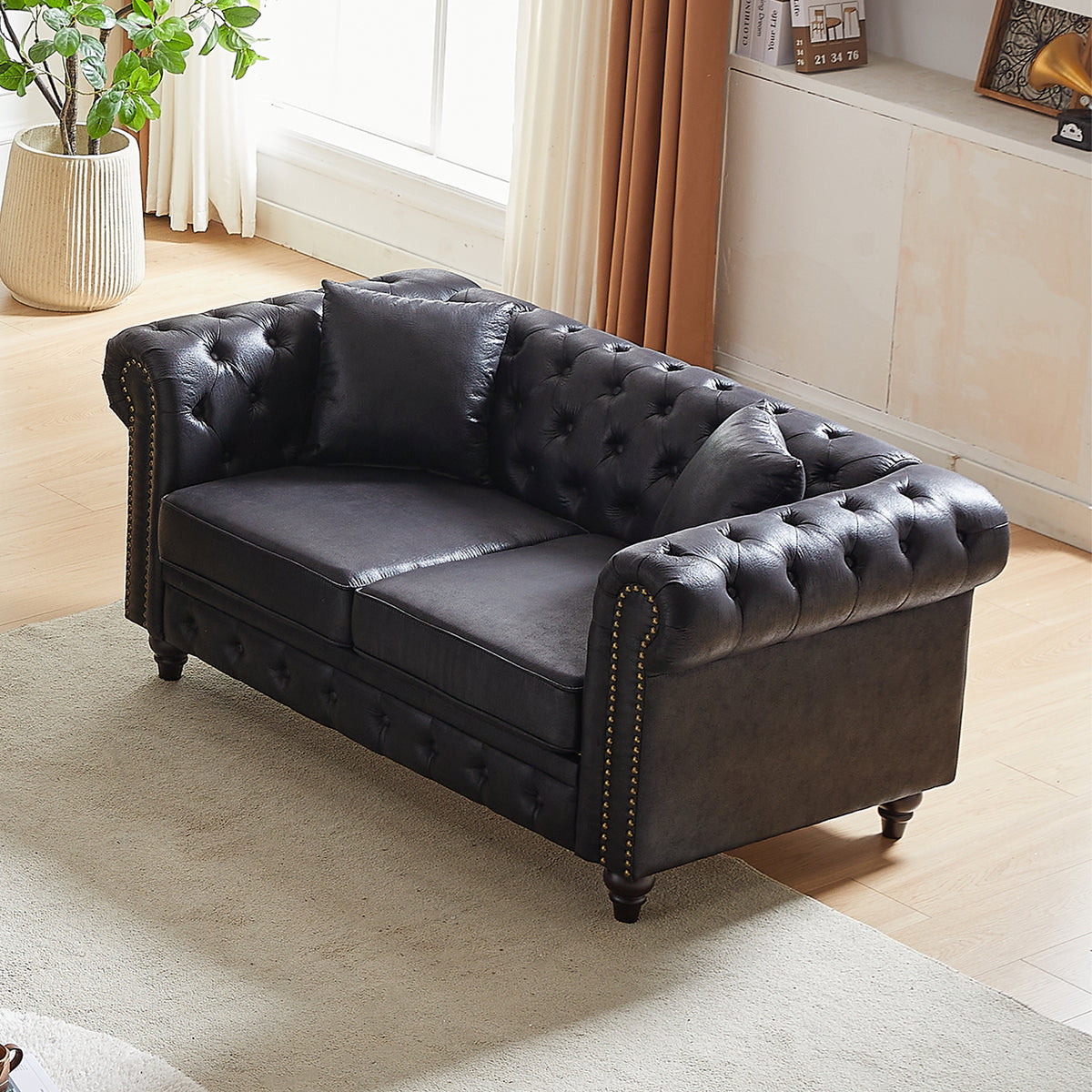 Fx 63.5" Contemporary Design Chesterfield Sofa, Tech Fabric Button Design Living Room Sectional, Button Tufted With Nail Design Arms With 2 Pillows, Upholstered Upholstery And Wooden Legs Black Wood Primary Living Space Pine Foam Fabric 3 Seat