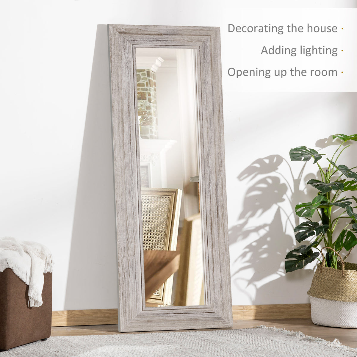 Homcom 64"X21" Rustic Wood Full Length Mirror, Farmhouse Decorative Wall Mirror, Hanging And Leaning Floor Mirror, Vertical Or Horizontal, For Living Room Bedroom, Distressed Gray Gray Wood
