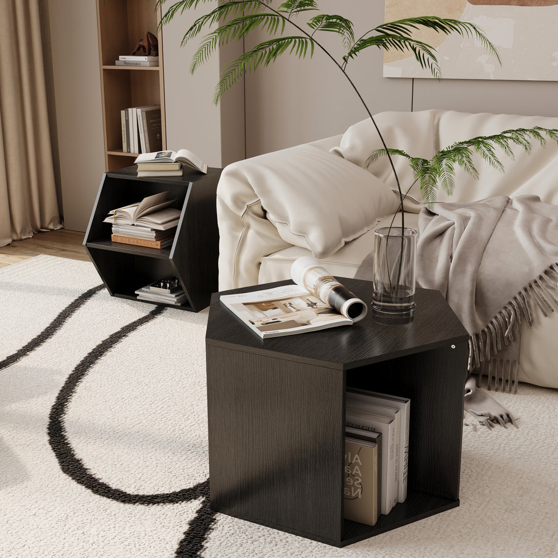 47.24'' Hexagonal Coffee Table Side Table Nightstand Burmese Sumac 2Pcs Black Brown Mdf
