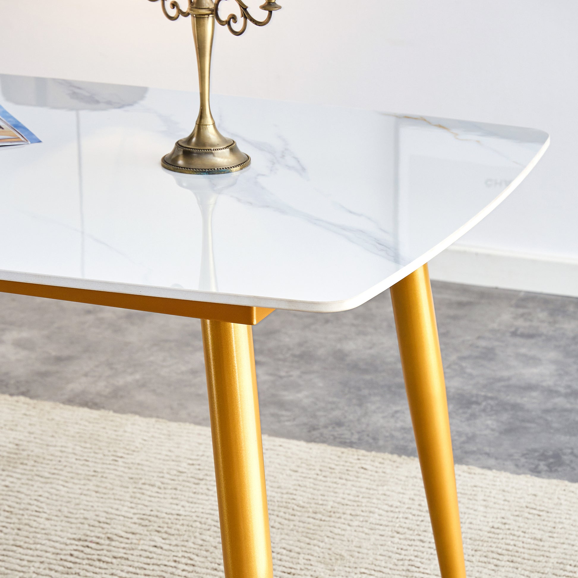 Table And Chair Set.A Morden Table With White Imitation Marble Patterned Stone Burning Tabletop With Golden Metal Legs.Paried With 4 Chairs With Pu Leather Backrest And Black Metal Legs. Grey Brown,White Gold Seats 4 Metal,Sintered Stone