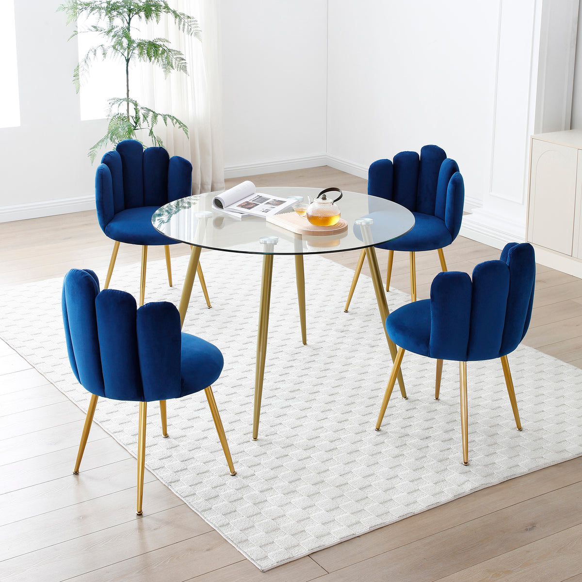 Modern Velvet Dining Chairs Set Of 2, Upholstered Woven Dining Chair With Golden Metal Legs, Upholstered Dining Chairs For Dining Room, Kitchen, Vanity, Living Room Blue Primary Living Space Foam Velvet