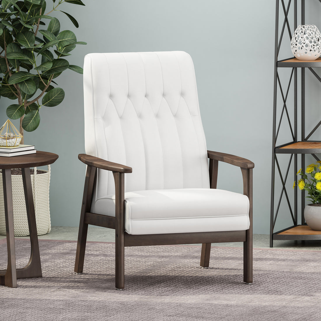 Mid Century Modern Upholstered Accent Chair, Snow White Faux Leather White Espresso Primary Living Space Rubberwood Foam Faux Leather