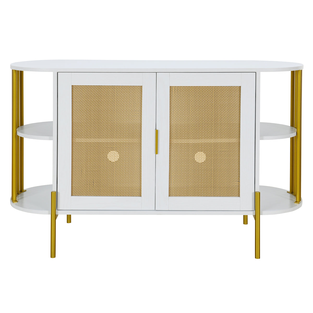 2 Door Elegant Curved Dining Cabinet With Gold Trim And Woven Rattan Doors For Dining Room White White Particle Board