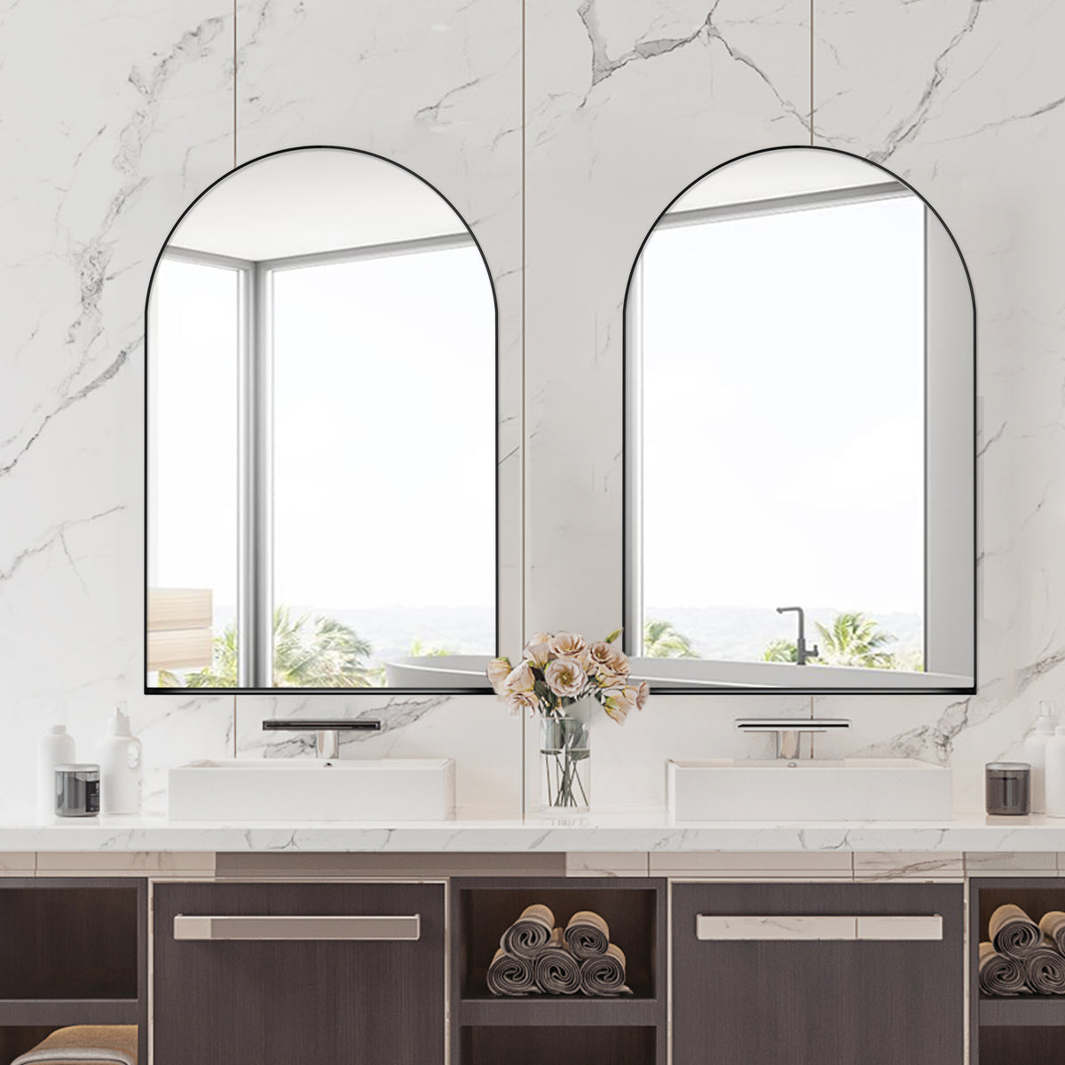 24X36 Inch Arched Recessed Medicine Cabinet, Metal Framed Bathroom Wall Cabinet With Mirror And Adjustable Shelves, Wall Mirror With Storage For Bathroom, Matte Black Matte Black 2 Adjustable Shelves Bathroom Wall Mounted Metal
