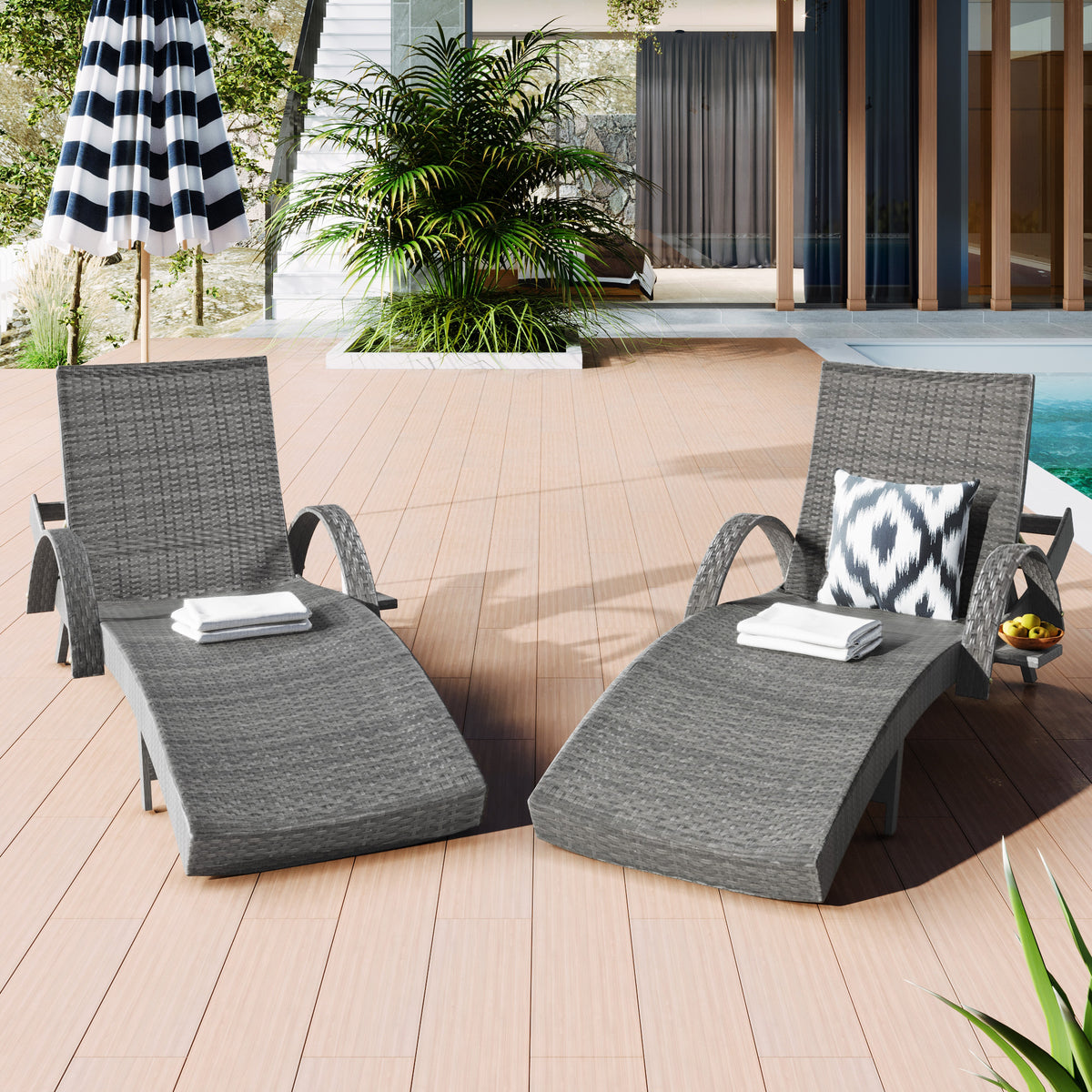 K&K 80'' Outdoor Wicker Chaise Lounge Chairs Set Of 2, Patio Rattan Reclining Chair Pull Out Side Table Adjustable Backrest Ergonomic Wave Design Pool Sunbathing Recliners, Grey No Lounge Grey Seats