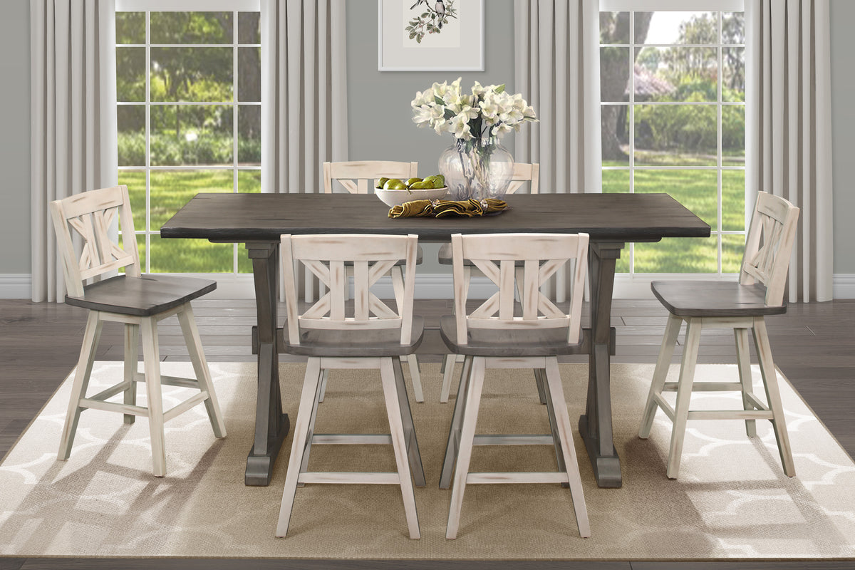 Counter Height Chairs Set Of 2, White Gray 360 Degree Swivel Chair Solid Rubberwood Kitchen Dining Furniture, Divided X Back White Gray Dining Room Rustic Solid Wood