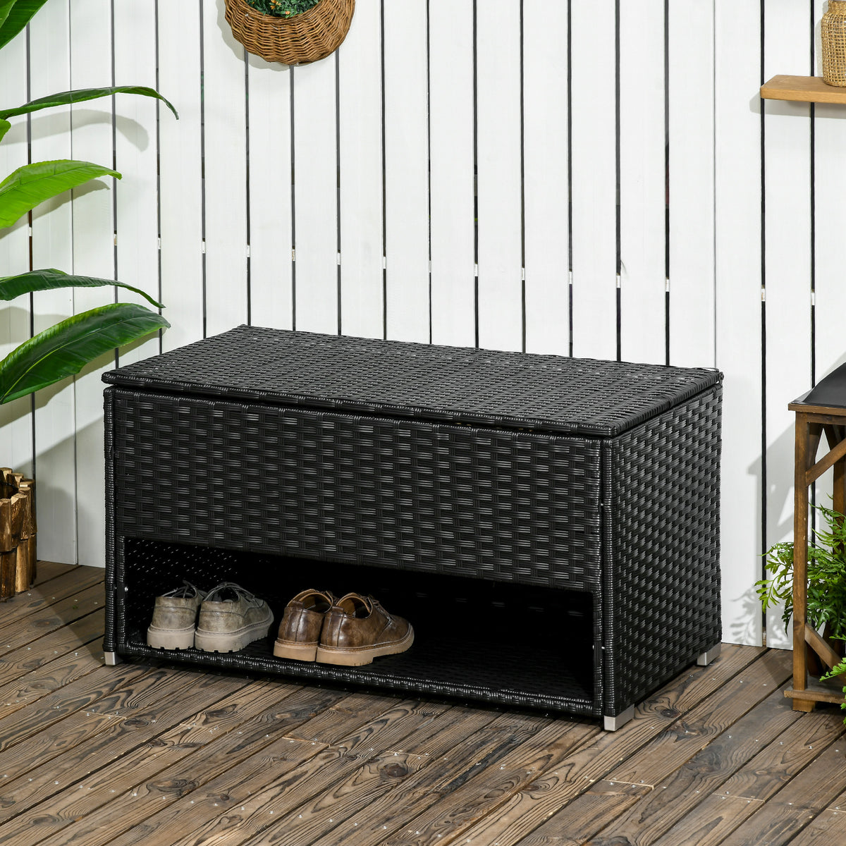 Outsunny Outdoor Deck Box & Shoe Storage, Pe Rattan Wicker Towel Rack With Liner For Indoor, Outdoor, Patio Furniture Cushions, Pool, Toys, Garden Tools, Black Black Steel