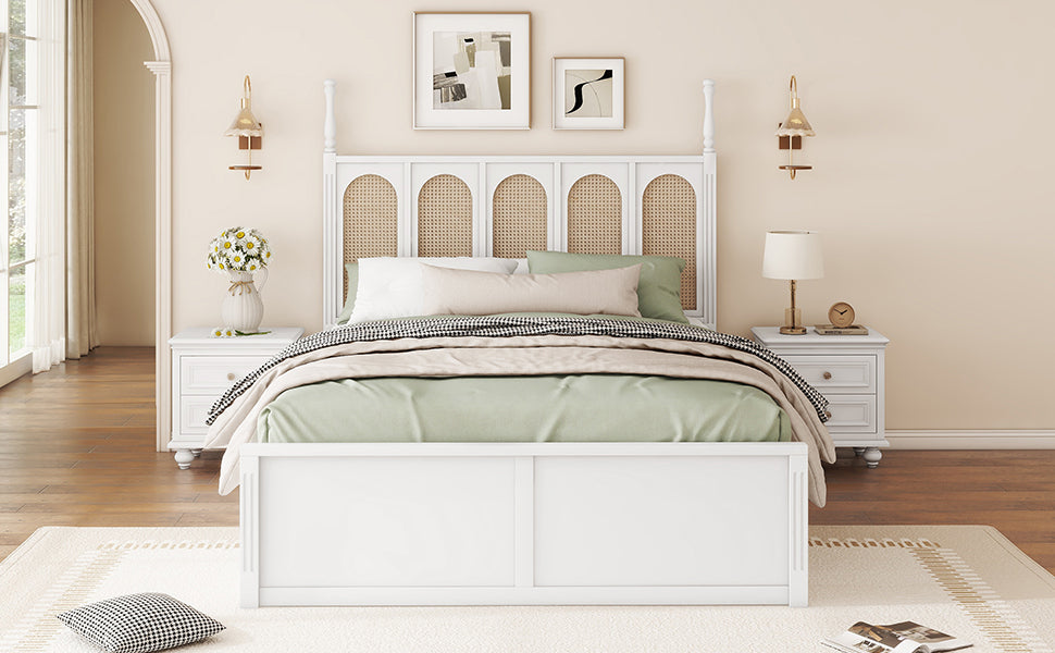 Queen Size Rattan Platform Bed With With 2 Big Drawers, T Size Trundle, White Queen White Plywood