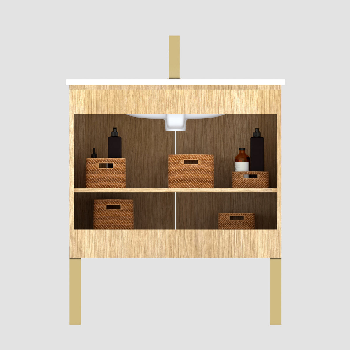 U093 Dalia30F 107 30" Freestanding & Wall Mounted Light Wood Bathroom Vanity With Ceramic Sinklarge Storage Vanity 2 Doors And Metal Support For Modern Bathrooms, Kd Light Oak Bathroom Modern Plywood