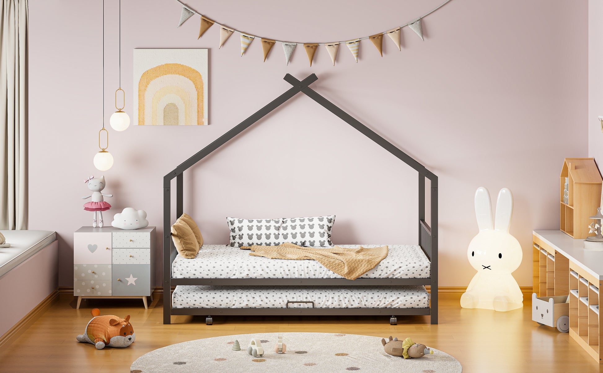 Twin Size Metal House Bed With Twin Size Trundle, Black Twin Black Metal