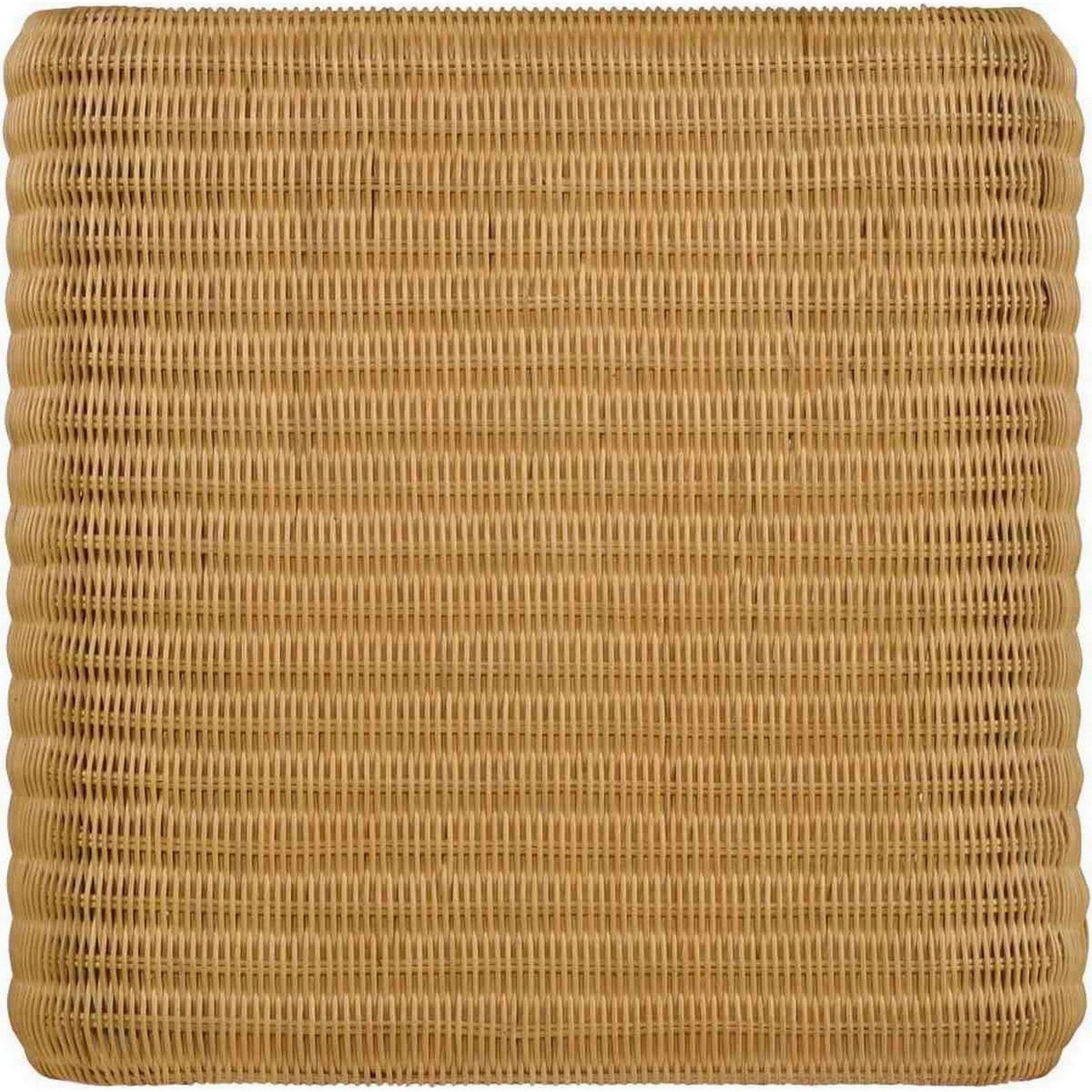 22 Inch Side End Table, Woven Rattan Frame, Waterfall Edges, Square Surface Brown Metal