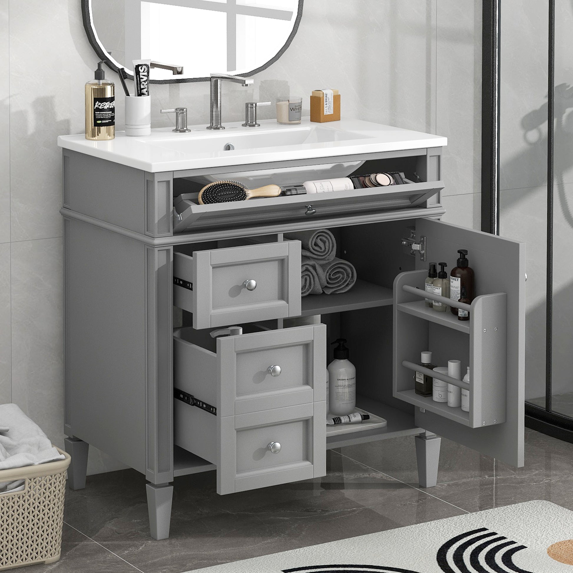 30'' Bathroom Vanity With Top Sink, Modern Bathroom Storage Cabinet With 2 Drawers And A Tip Out Drawer, Single Sink Bathroom Vanity Grey Modern Mdf Ceramic,Solid Wood Mdf