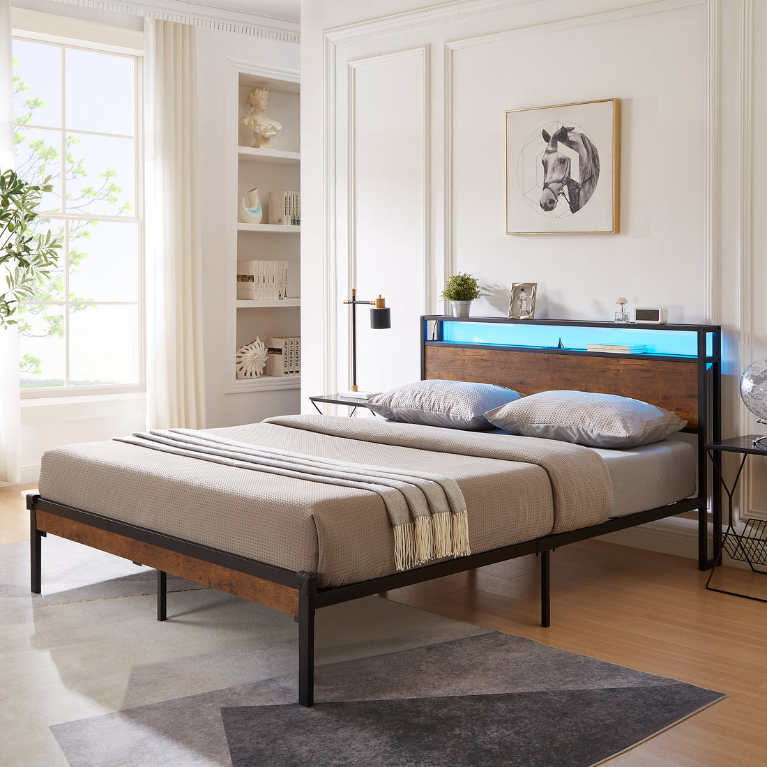 Queen Size Metal Platform Bed Frame With Wooden Headboard And Footboard With Usb Liner,Led Lights, No Box Spring Needed, Large Under Bed Storage, Easy Assemble Queen Black Brown Metal
