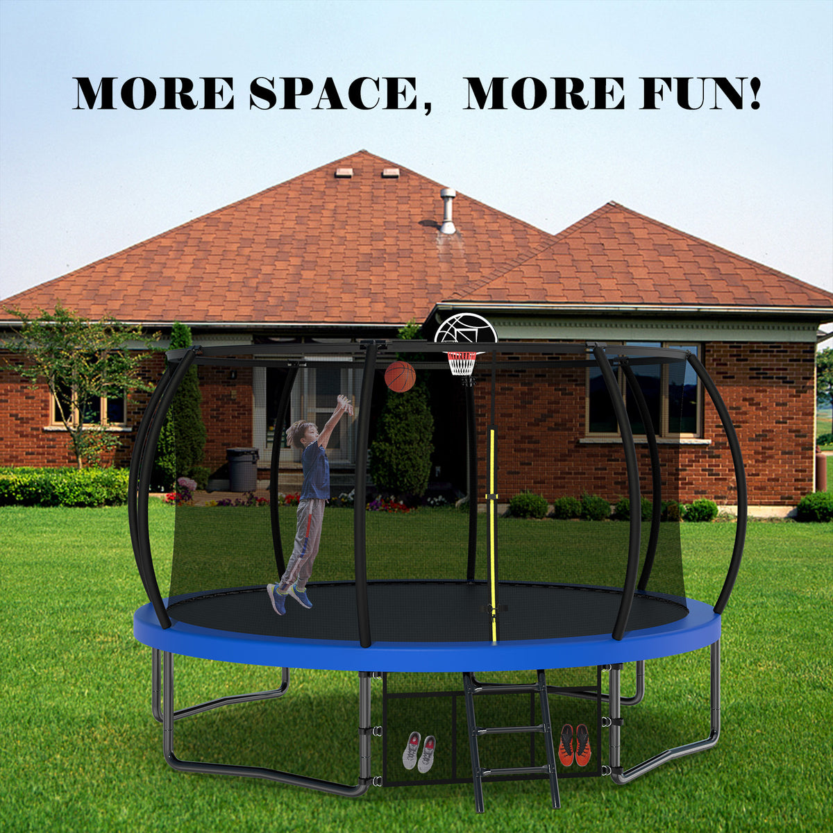 12Ft Recreational Kids Trampoline With Safety Enclosure Net & Ladder, Outdoor Recreational Trampolines Blue Steel