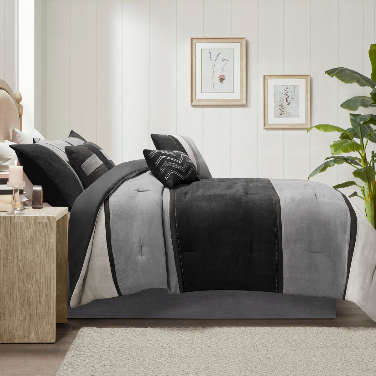 7 Piece Faux Suede Comforter Set Black King King Black Polyester