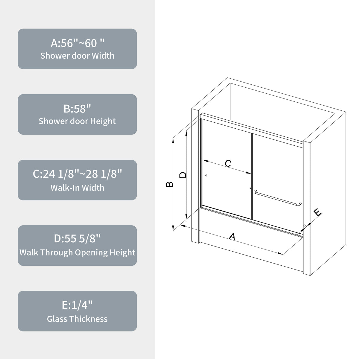 Bathtub Bypass Shower Door, Sliding Door, With 1 4" Tempered Glass And Matted Black Finish 6058 Matte Black Bathroom Aluminium Alloy