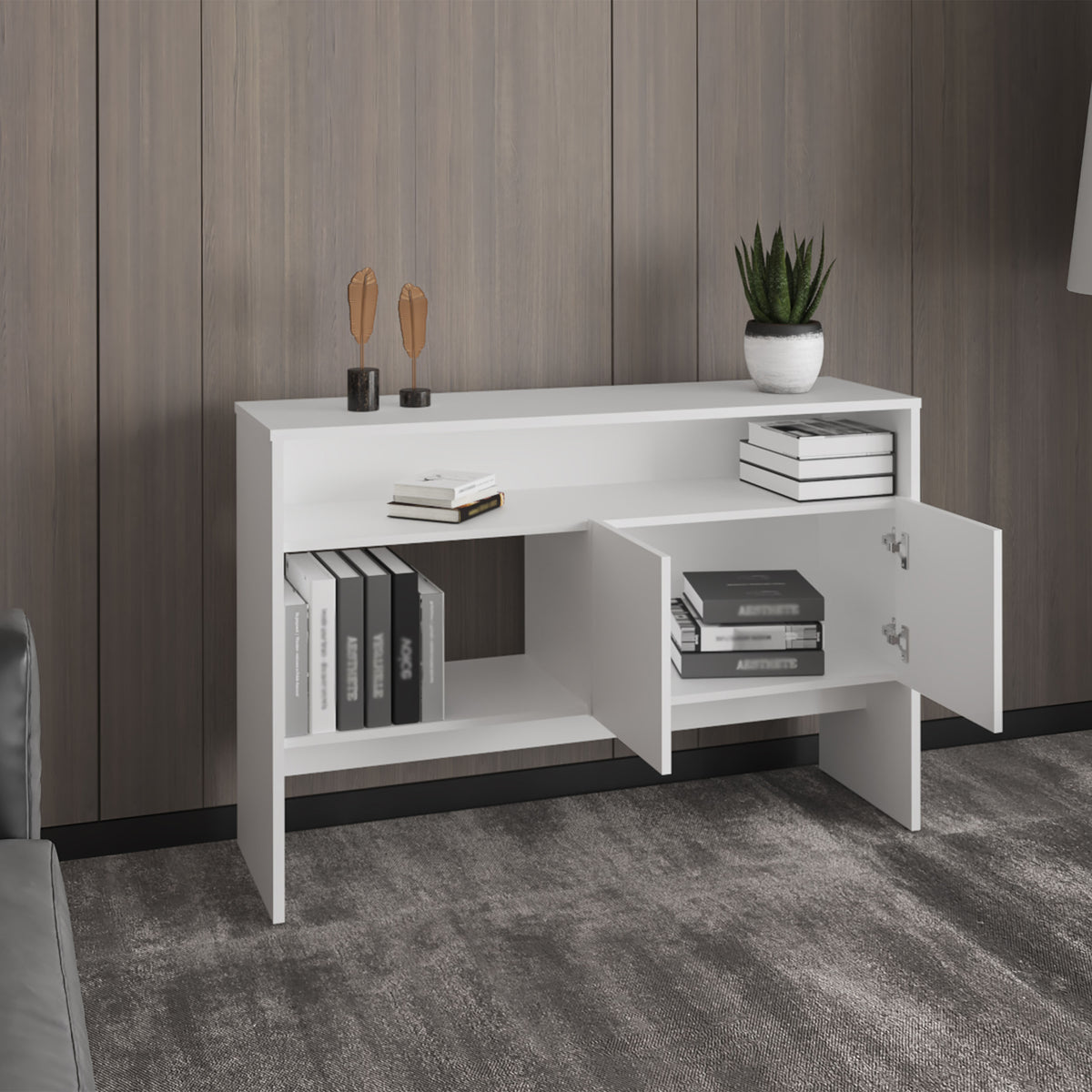 Bellagio 48.7" Wide 2 Tier Narrow Bellagio Console Table With Double Door Cabinet White Modern Particle Board