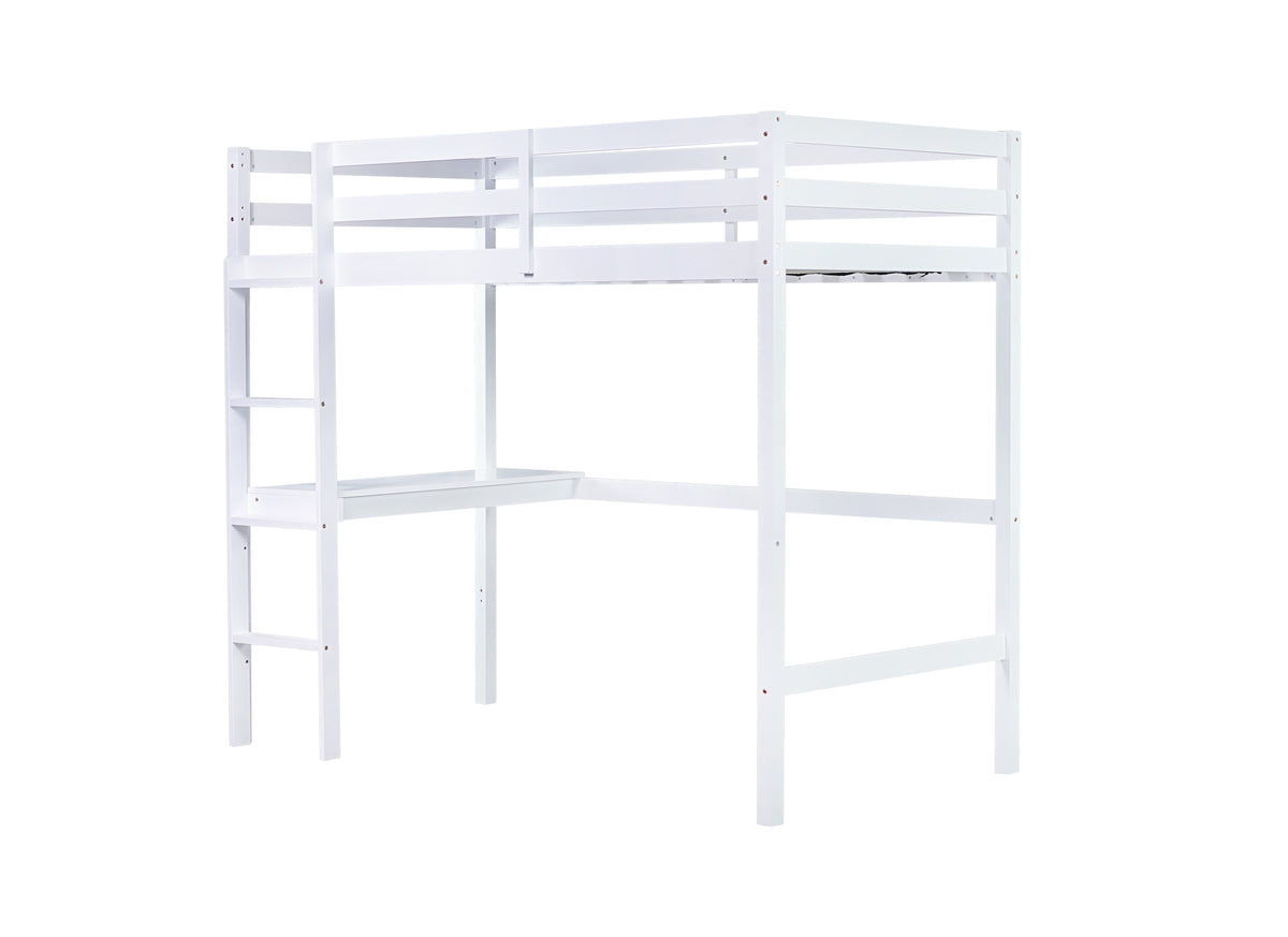 Twin High Loft Bed, Rubber Wood Loft Bed With Safety Guardrail, Built In Desk, Ladder,White Twin White Rubber Wood