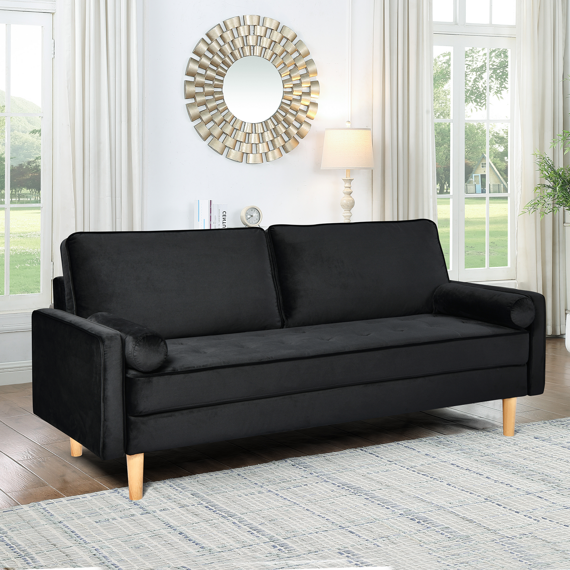 Sofa Simple Small House Double Three Person Straight Row American Retro Green Velvet Furniture Fabric Sofa Small Living Room Bedroom Office Black Solid Wood 3 Seat