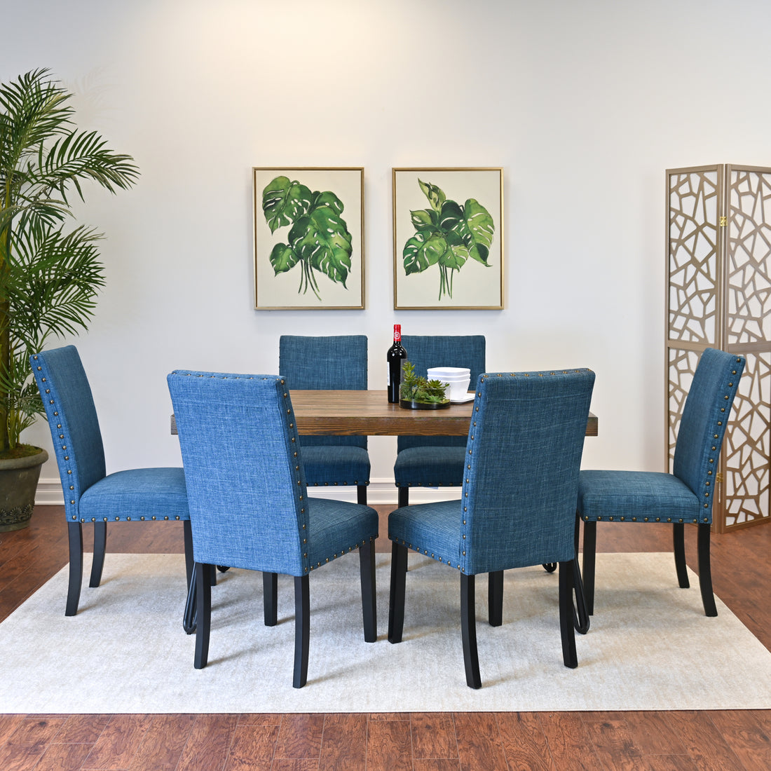 Amisos 7 Piece Dining Set, Hairpin Dining Table With 6 Chairs, 3 Color Options Wood Brown Seats 6 Brown Metal Dining Room Fixed Table Rubberwood Rectangular 4 Leg Rectangular Dining Table With Chair Mdf