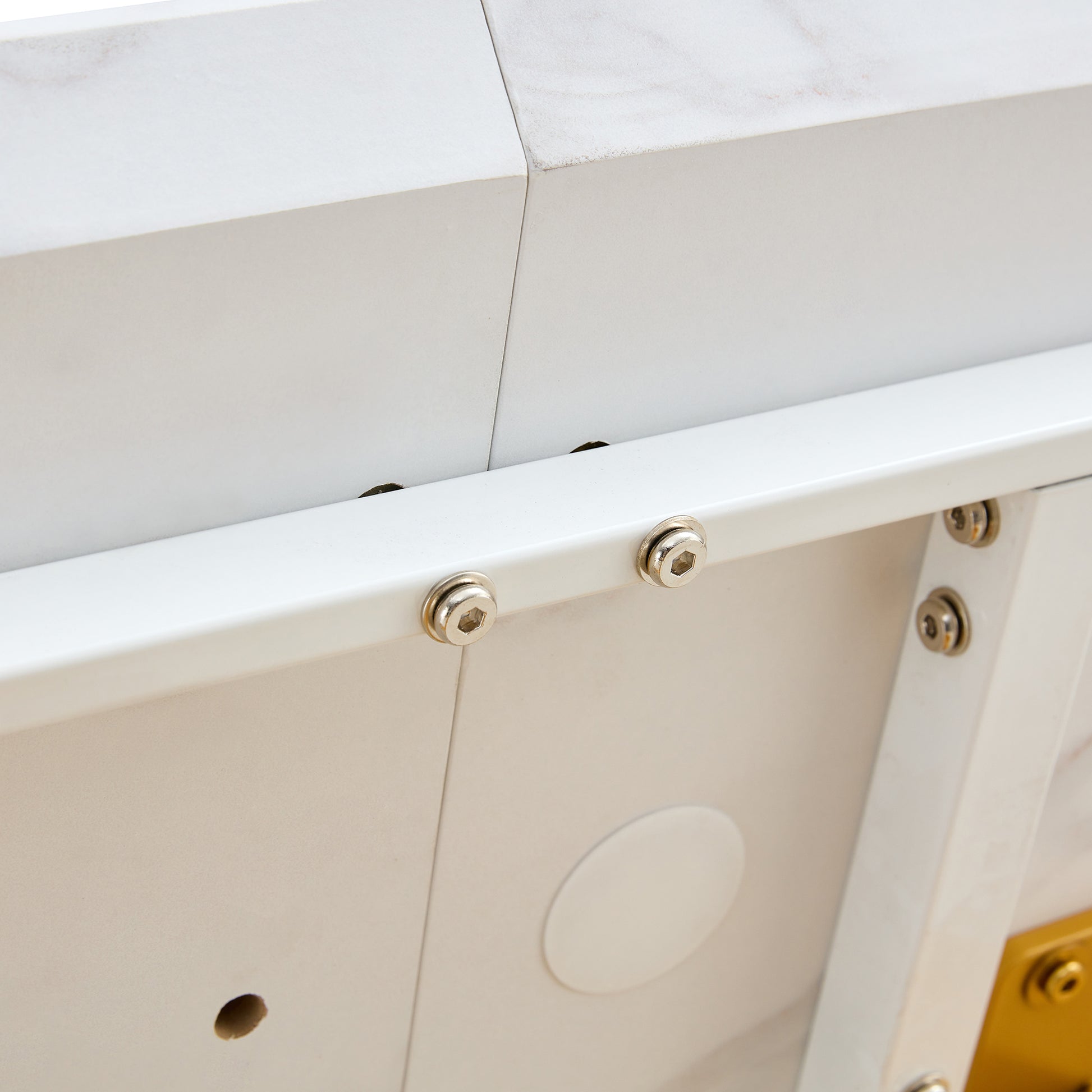 Table And Chair Set, The Table Is Equipped With A Marble Patterned Mdf Tabletop And Gold Table Legs.Dining Chairs,Gold Legged Upholstered Chairs Made Of Artificial Leather. Gold White Seats 6 Mdf