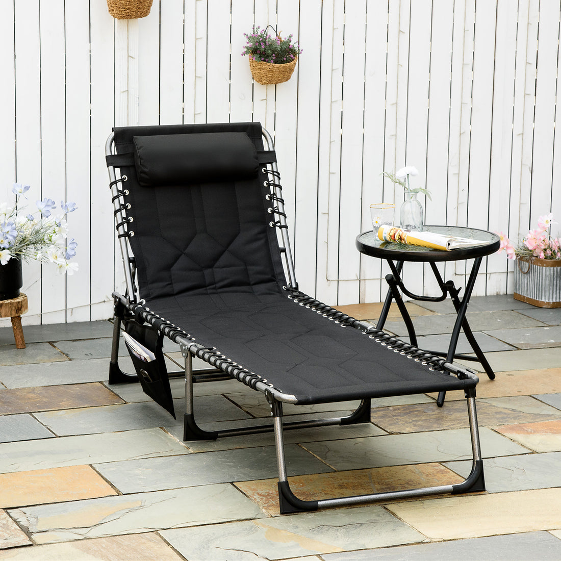 Outsunny Padded Folding Chaise Lounge Chair, Outdoor 6 Level Reclining Camping Tanning Chair With Headrest For Beach, Yard, Patio, Pool, Black Black Steel