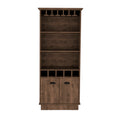 Dundee 70 Inch High 10 Glass Bar Cabinet With 5 Cubbies And 3 Open Shelves And Cabinet Dark Brown Dark Brown Kitchen Modern Particle Board