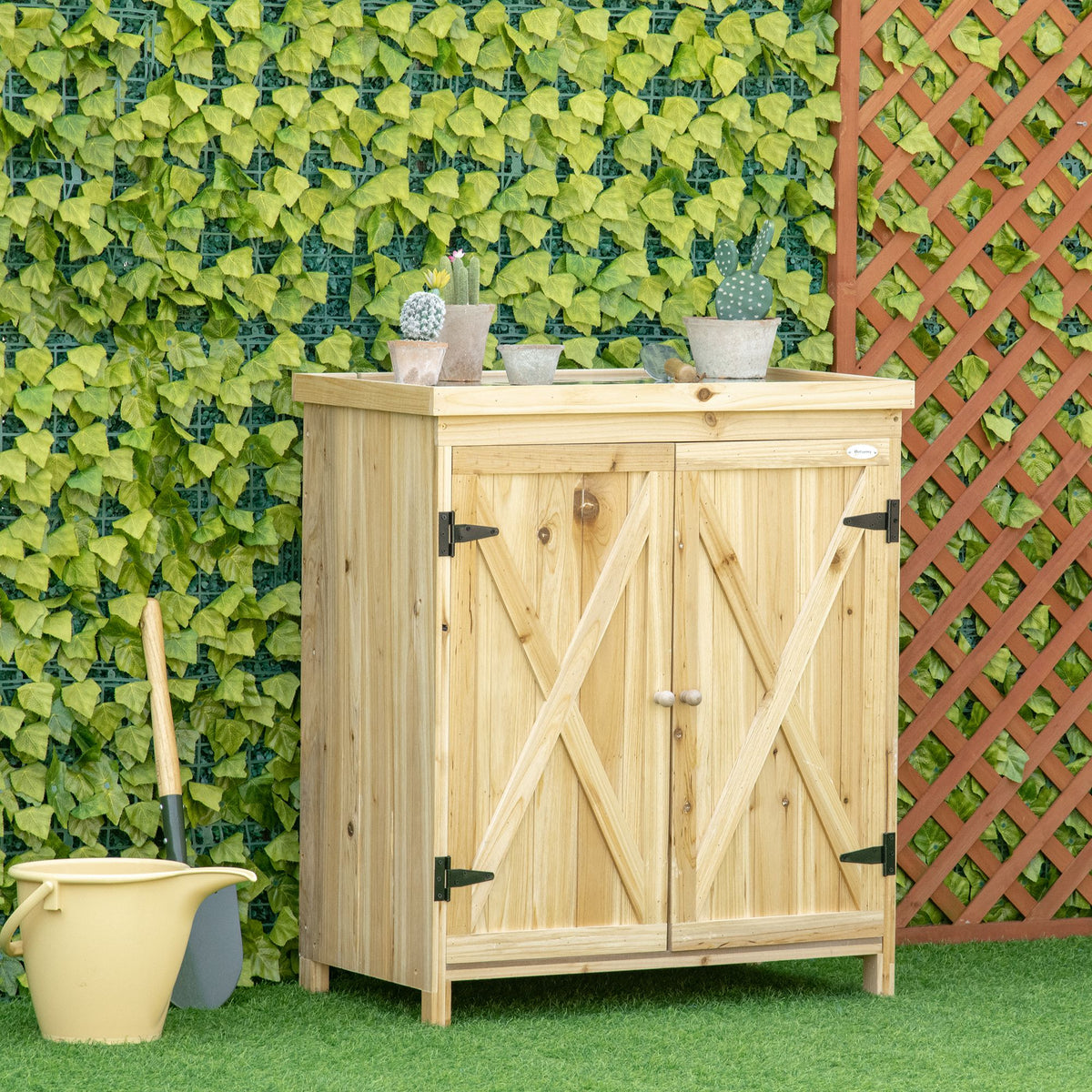 Outsunny Garden Storage Cabinet, Outdoor Tool Shed With Galvanized Top And Two Shelves For Yard Tools Or Pool Accessories, Natural Natural Wood Wood
