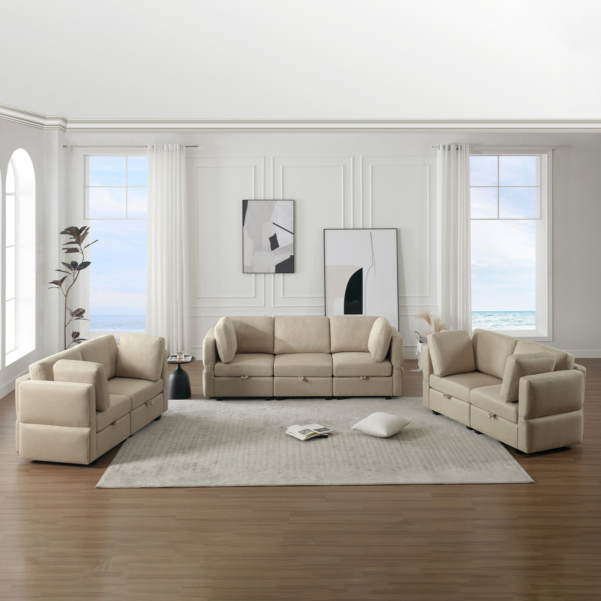 Living Room Furniture 7 Piece Set Including One 3 Seater Sofa And Two 2 Loveseatsadjustable Arms And Backs Comforty Sofas & Couches With Comfy Seat And Arm Cushions Beige Beige Polyester 7 Seat