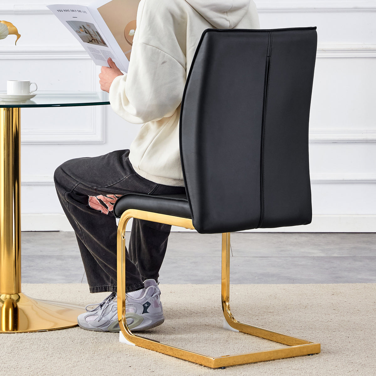 Luxury Simple Arch Chair Set Of 2 Black Pu Material High Resilience Dining Chair With Arched Metal Gold Leg. Black Gold Set Of 2 Metal,Pu