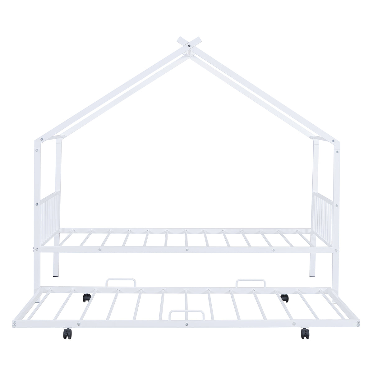 Twin Size Metal House Bed With Twin Size Trundle, White Twin White Metal