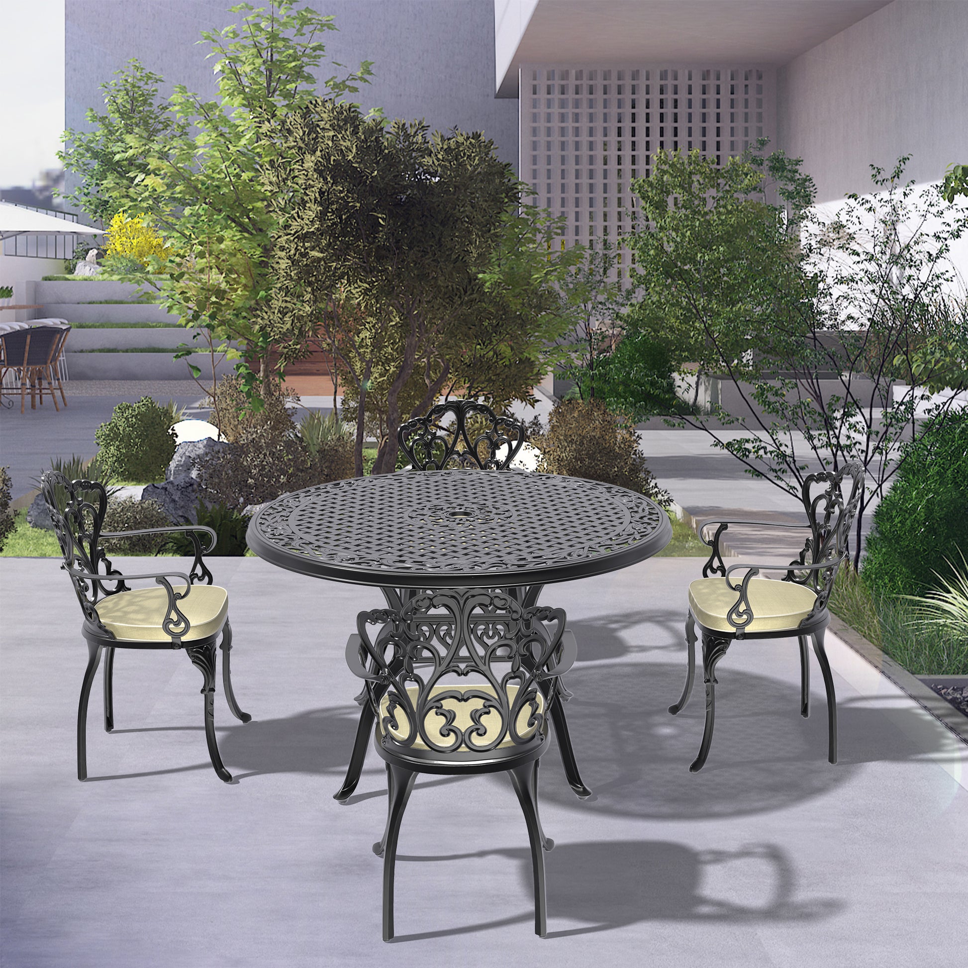 Cushions In Random Colors 5 Piece Set Of Cast Aluminum Patio Furniture With Cushions Yes Dining Set Black Seats 4 Rust Resistant Frame Water Resistant Cushion Garden & Outdoor Complete Patio Sets Aluminium