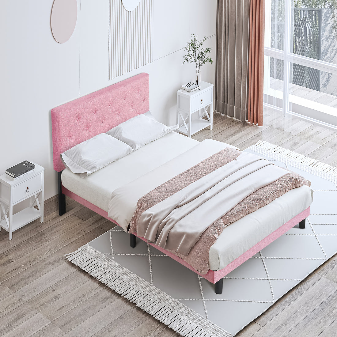 Full Size Upholstered Platform Bed Frame With Modern Button Tufted Linen Fabric Headboard, No Box Spring Needed, Wood Slat Support, Easy Assembly, Pink Full Pink Linen