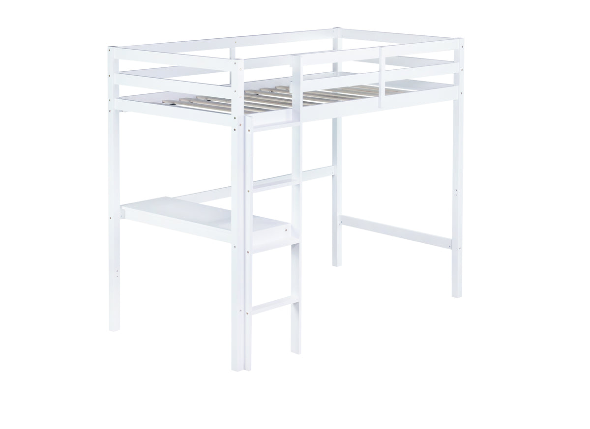 Twin High Loft Bed, Rubber Wood Loft Bed With Safety Guardrail, Built In Desk, Ladder,White Twin White Rubber Wood