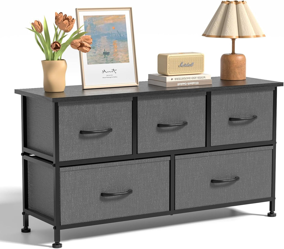 Simple Deluxe 5 Drawers Dresser For Bedroom, Kidsroom Furniture, Wide Chest Of Drawers, Storage Organizer Units With Fabric Bins For Closet, Metal Frame, Waterproof Wood Top, Adjustable Feet, Gray