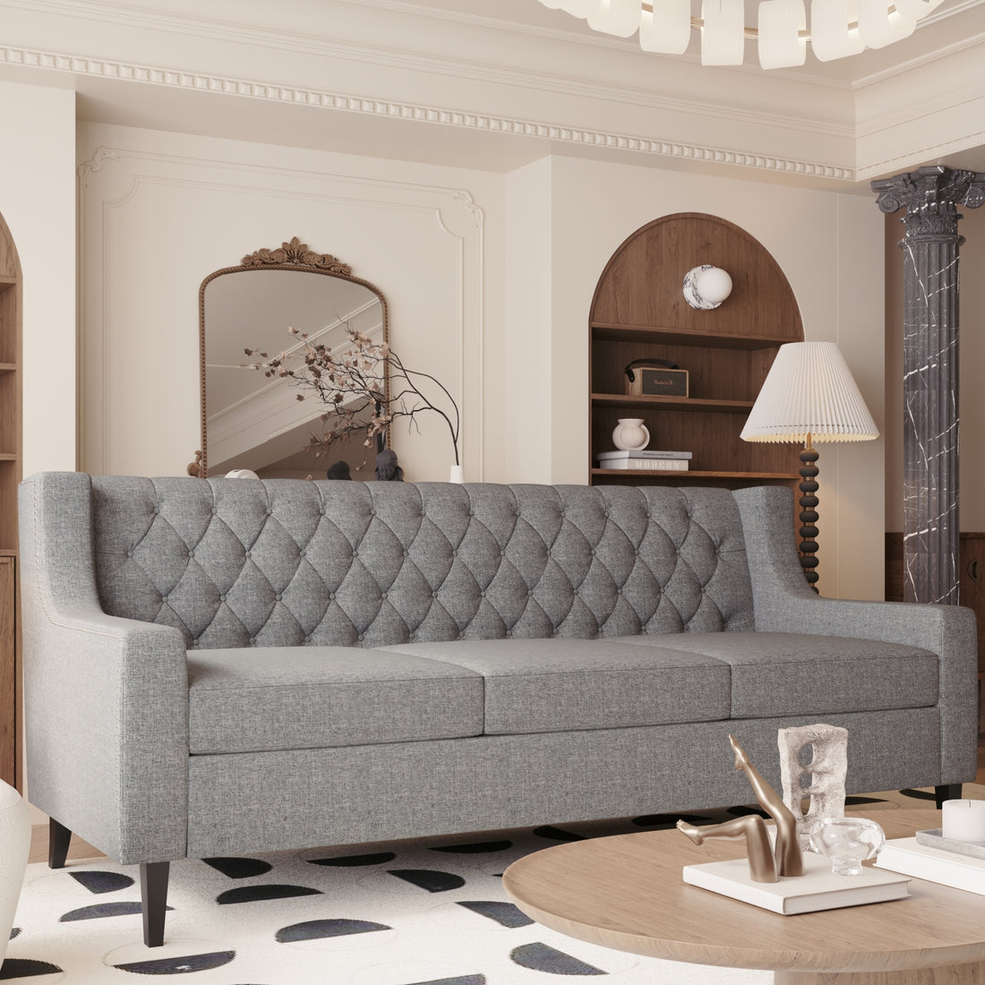 78.75'' 3 Seater Sofa, Button Tufted Backrest With Comfy Cushion, Mid Century Modern Couches For Living Room, Upholstered Comfy Sofa Couch For Bedroom, Apartment Grey Polyester 3 Seat
