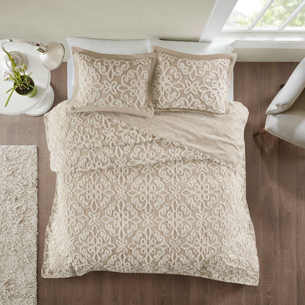 3 Piece Tufted Cotton Bedspread Set Taupe King Cal King Taupe Cotton