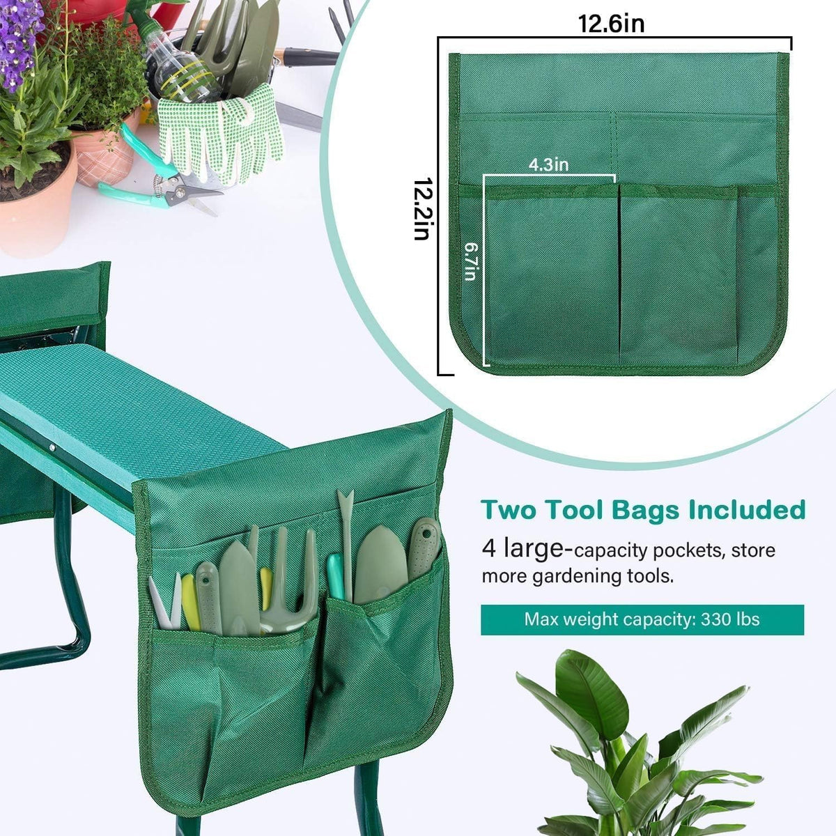 Garden Kneeler And Seat, Foldable Kneeling Bench With Sturdy Soft Eva Foam Pad, For Camping, Gardening, Fishing, 2 Tool Pouches Included, Green Green Metal