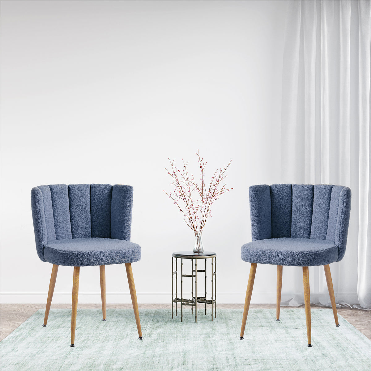 Modern Haze Blue Dining Chair Set Of 2 With Iron Tube Wood Color Legs, Shorthair Cushions And Comfortable Backrest, Suitable For Dining Room, Living Room, Cafe, Simple Structure. Blue Fabric