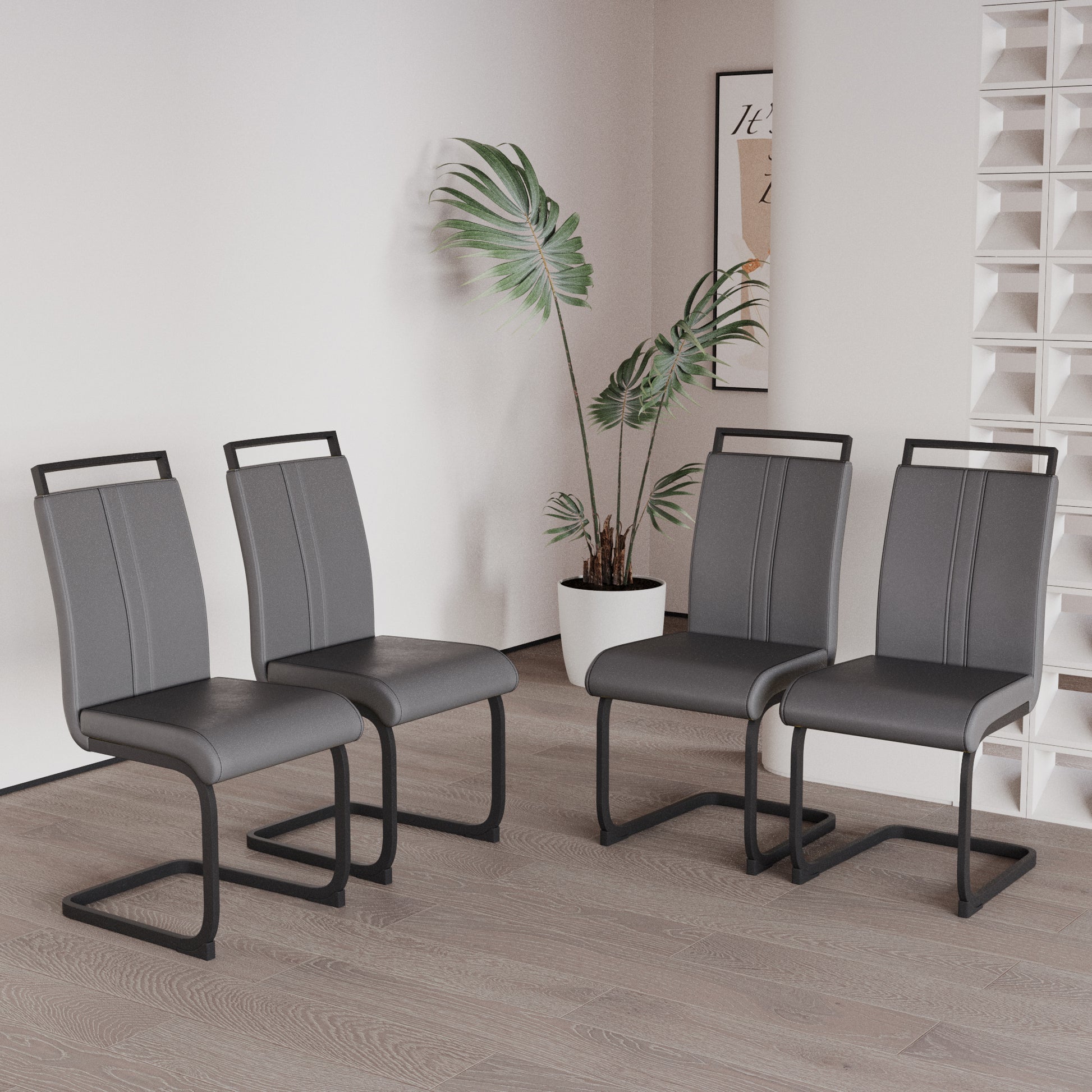 Modern Dining Chairs,Pu Faux Leather High Back Upholstered Side Chair With C Shaped Tube. Black Metal Legs For Dining Room Kitchen Vanity Patio Club Guest Office Chair Set Of 4 Grey Pu Grey Foam Pu