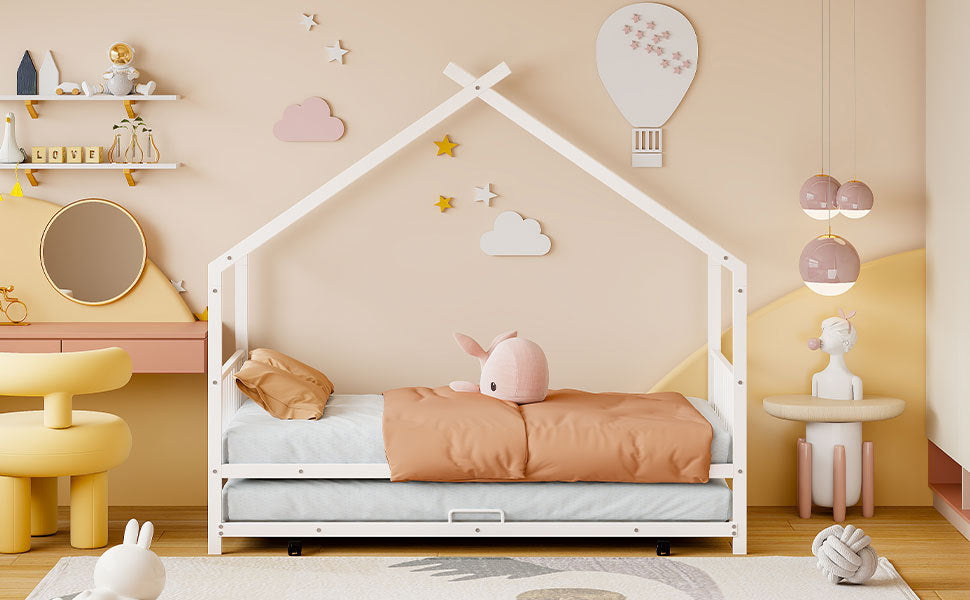 Twin Size Metal House Bed With Twin Size Trundle, White Twin White Metal
