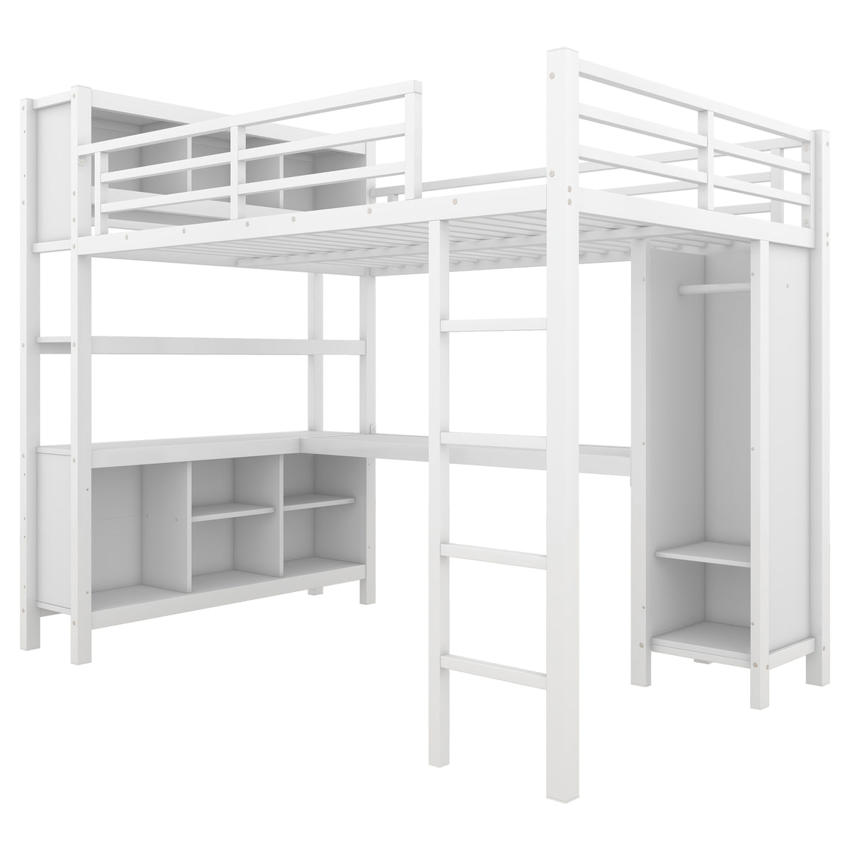 Metal Loft Bed With Wardrobe And L Shaped Desk, Full Size Loft Bed With Storage Cubes And Shelves, Heavy Duty Loft Bed For Kids Teens Adults, White Full Off White Metal