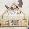 Full Wood House Shaped Floor Bed With Fence, Guardrails,Natural Full Natural American Design Pine